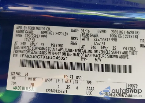 2016 Ford Escape Se из США, поврежденный, VIN 1FMCU0G7XGUC45021